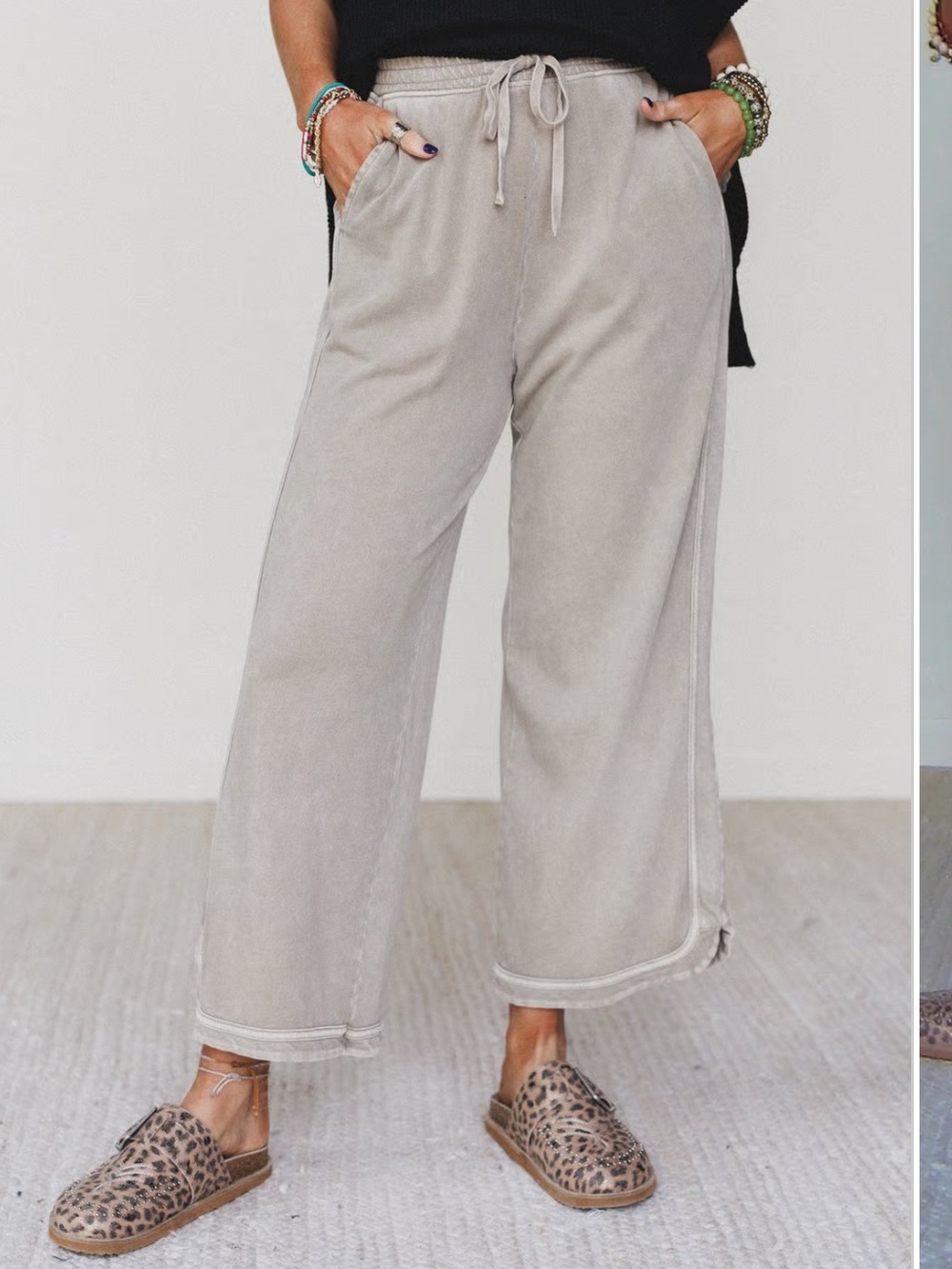 Three Bird Nest Relaxed Wide-Leg Drawstring Pants in Light Taupe cropped